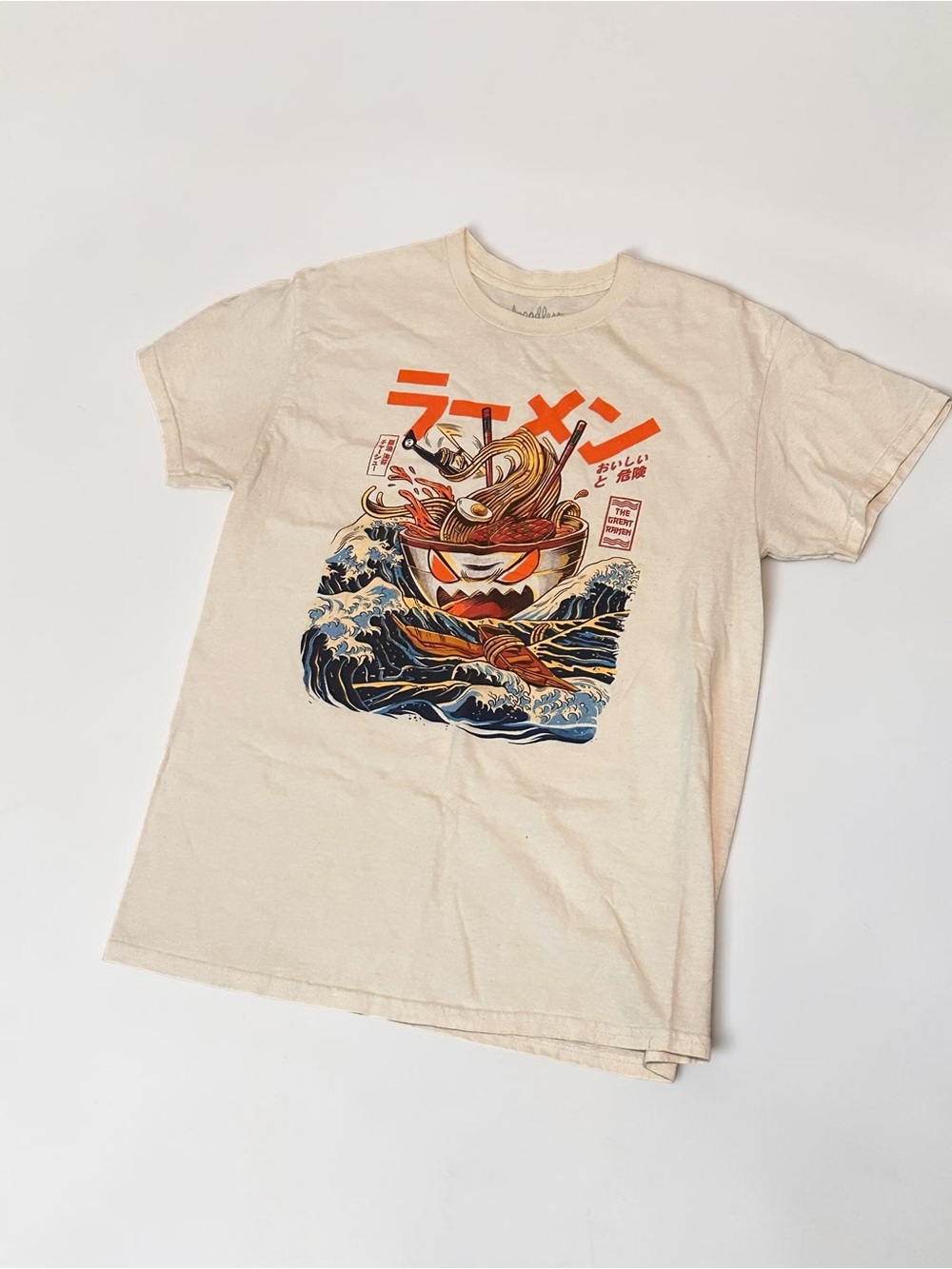 Threadless Cream Ramen Graphic Short Sleeve Tee with Navy & Orange Art